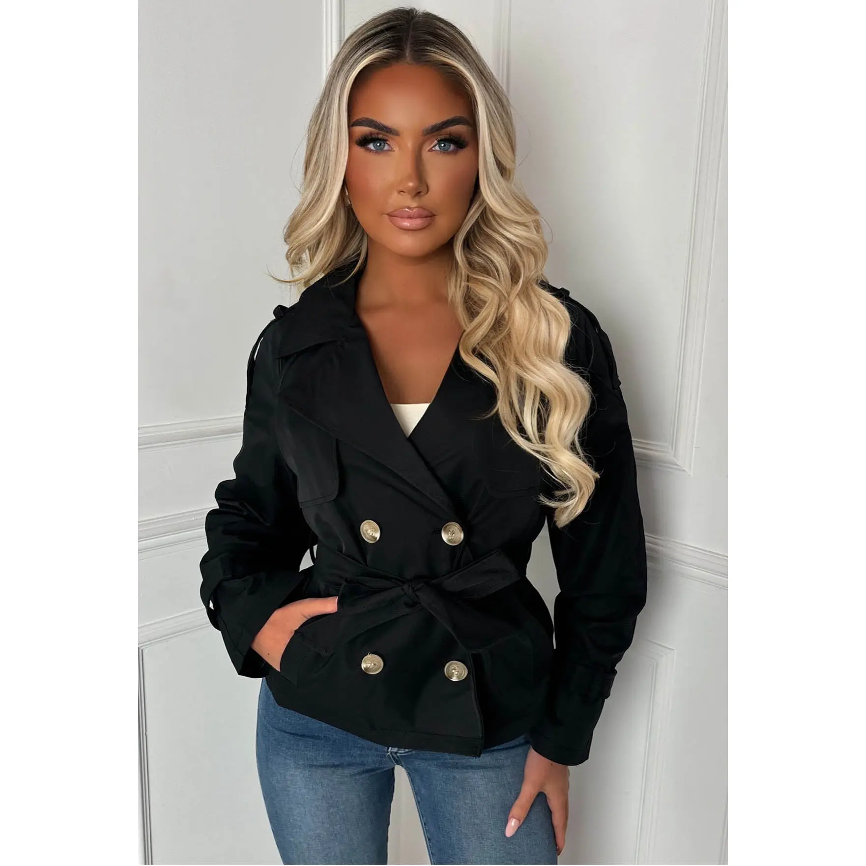 Private Society Black Belted Cropped Trench Coat