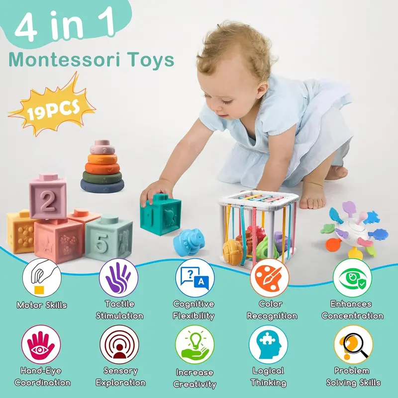 Baby Toys, Montessori Toys for Babies | Food-Grade Silicone - Sensory - Stacking - Shape Sorter - Blocks Cube - Developmental Toys 1