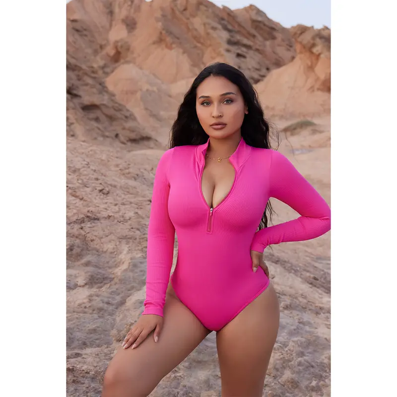 Women's Bodysuits Sexy Ribbed One Piece Zip Front Longsleeves Tops Bodysuits Womenswear Lady Vneck Comfort Basic Minimalist 1