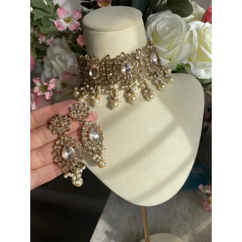 Antique Indian Polki| Bridal Indian Necklace Jewelry Set desi jewelry