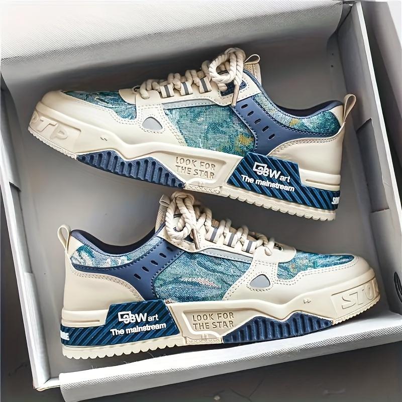 Product Introduction of Mens Low-Top PU Casual Skateboard Shoes - Breathable Fabric Lining, Non-Slip PVC Sole, Geometric Pattern, Lace-Up Closure, Round Toe, Preppy Style for Daily, Casual, Jogging, Traveling - All-Season Wear 1