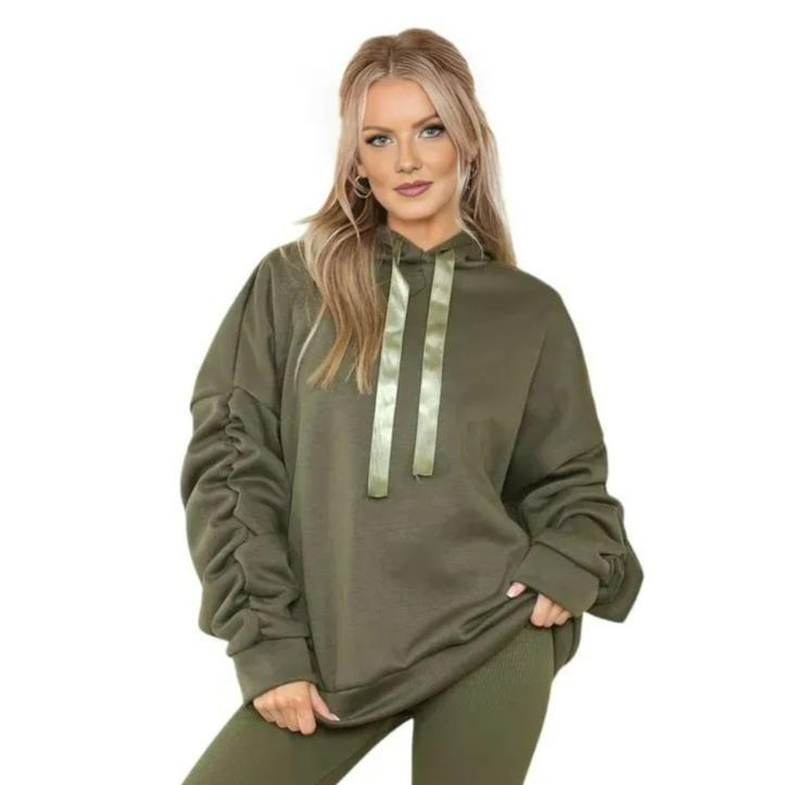 CRAZY LUXE Women's Ruched Sleeve Oversized Hoodie Ladies Ribbon Hoodie Jumper top Sizes 8-22 0