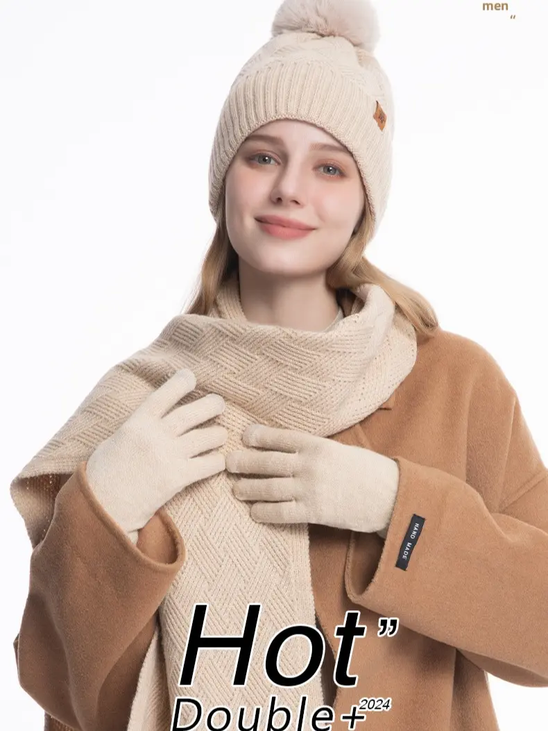 3pcs set Winter Beanie Hat Scarf Touchscreen Gloves Set for Women outdoor warm double wool scarf knitted hat