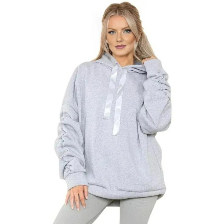 CRAZY LUXE Women's Ruched Sleeve Oversized Hoodie Ladies Ribbon Hoodie Jumper top Sizes 8-22 2