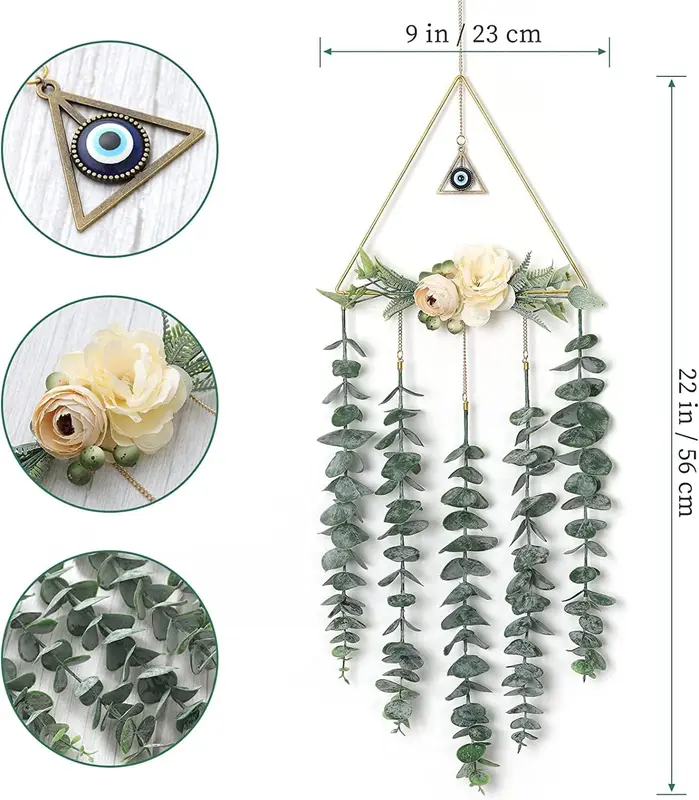 Artificial Eucalyptus Wall Hanging Decor Gold Triangle Circle Greenery Boho Chic Home Decorations Farmhouse Rustic Plants for Bedroom Living Room Apartment Ornament Gift (Eye Pendant) 2