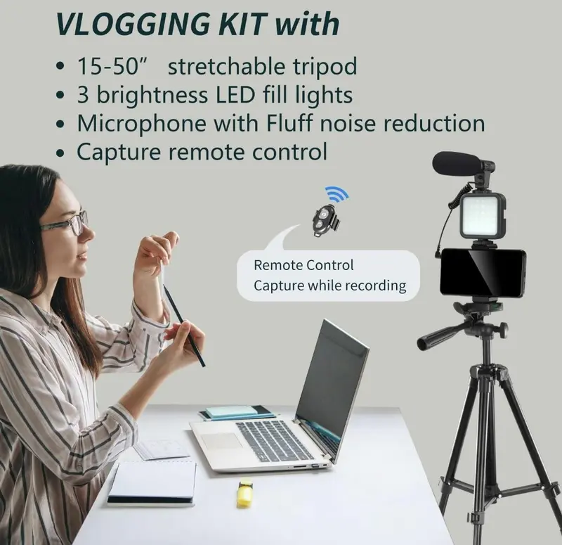 Smartphone Video Vlogging Kit with LED Light, 1 Piece Starter Kit with Mini LED Light & Cardioid Microphone & Phone Clip & Tripod for Live Broadcasting, Video Calling, Compatible with iPhone, Android Accessories Compact Selfie Recording 3