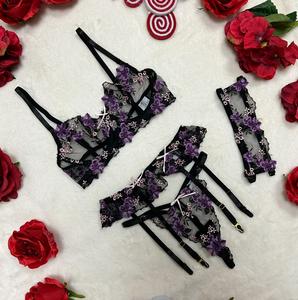 LILIOSA LINGERIE Jasmine - Floral Embroidery Comfortable Black Purple 4 Piece Lace Lingerie Outfit Set (Adjustable Bra, Garter, Panties+Thigh Straps) Multicolor Everyday Womenswear Underwear, Ribbon Satin Accessory, Mesh Belt, Feminine Matching Fa