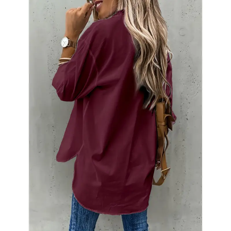 Button Front Long Sleeve Shirt, Casual Solid Office Shirt With Collar, Women's Clothing 8