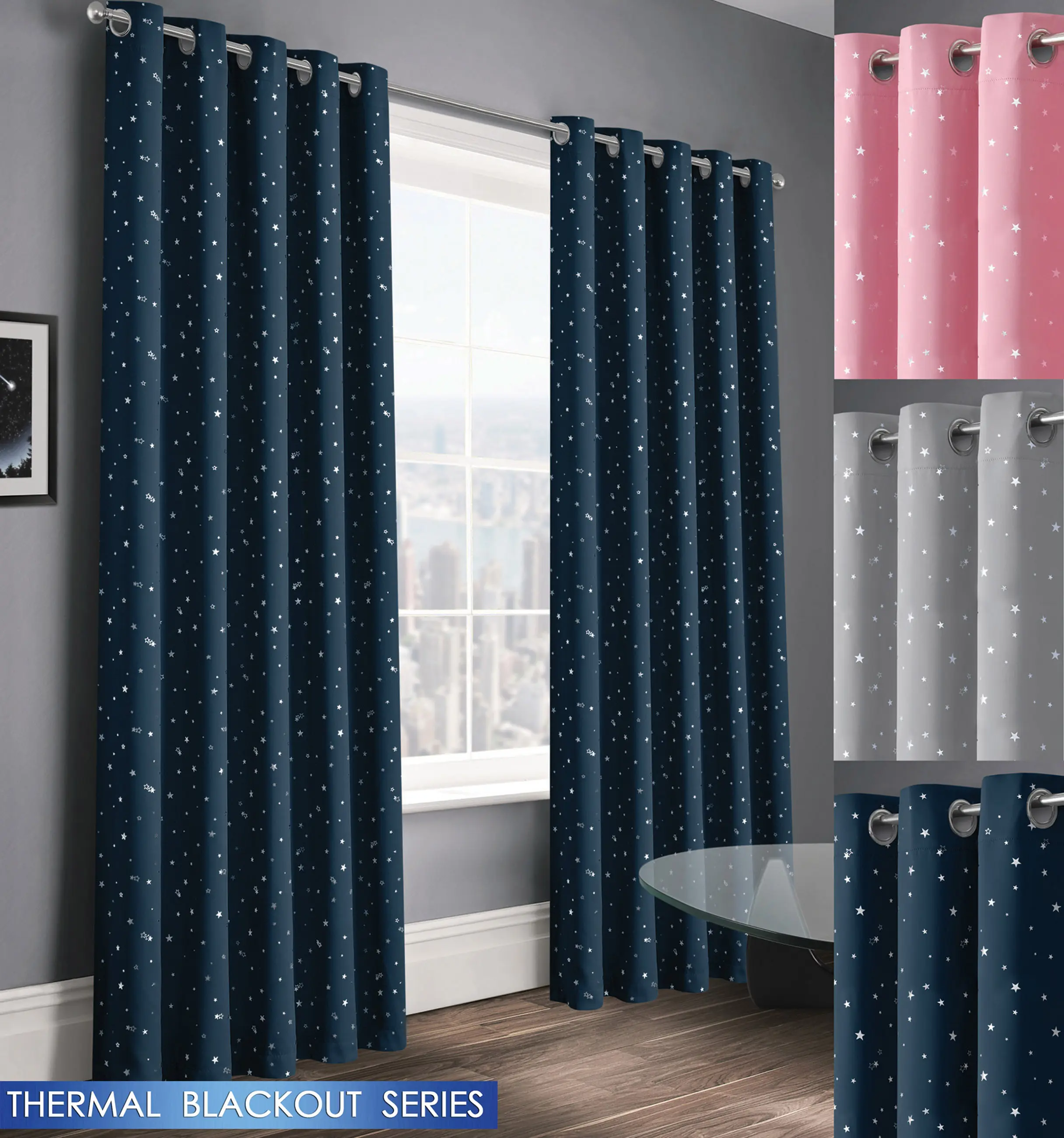 Blackout Stars Foil Printed Super Soft Thermal Insulated Blackout Ring Top Eyelet Pair of Bedroom Curtains