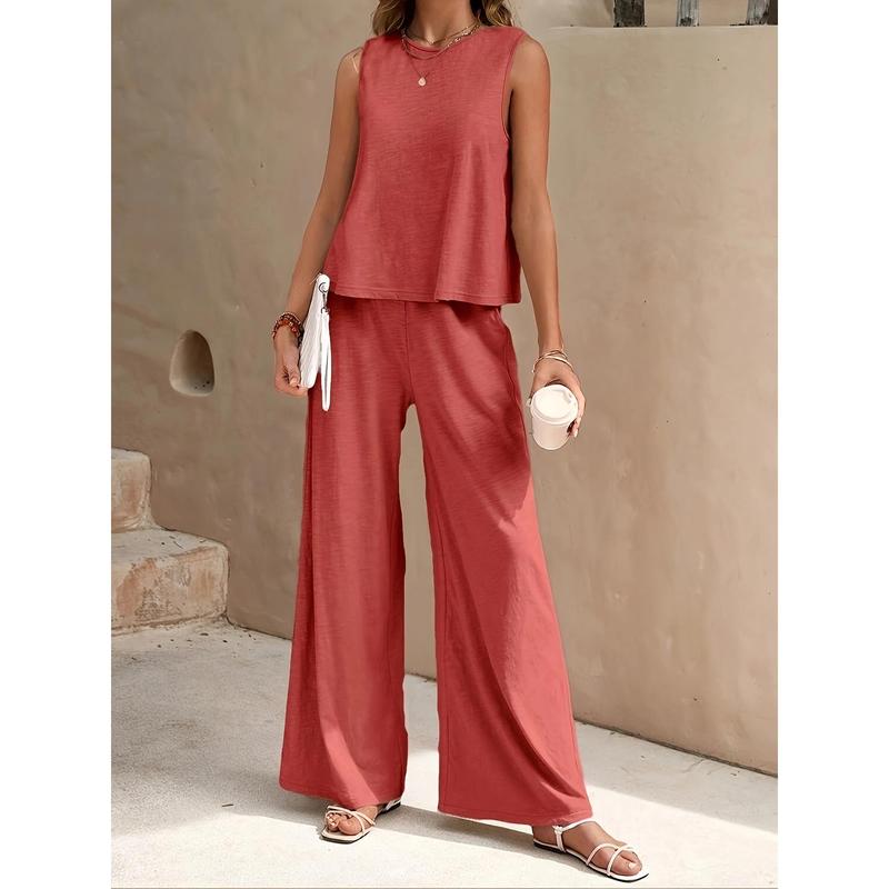 Solid Elegant Two-piece Set, Sleeveless Tank Top & Wide Leg Loose Pants Outfits, Women's Clothing 1