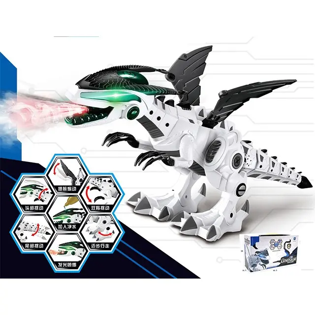 Dinosaur with Mist Spray Moving Electric Dinosaur Toy & Light Up with Roar Sounds Add Water for Fire Breathing Red Light Fire Effect Toy For Kids (White & Blue) 8
