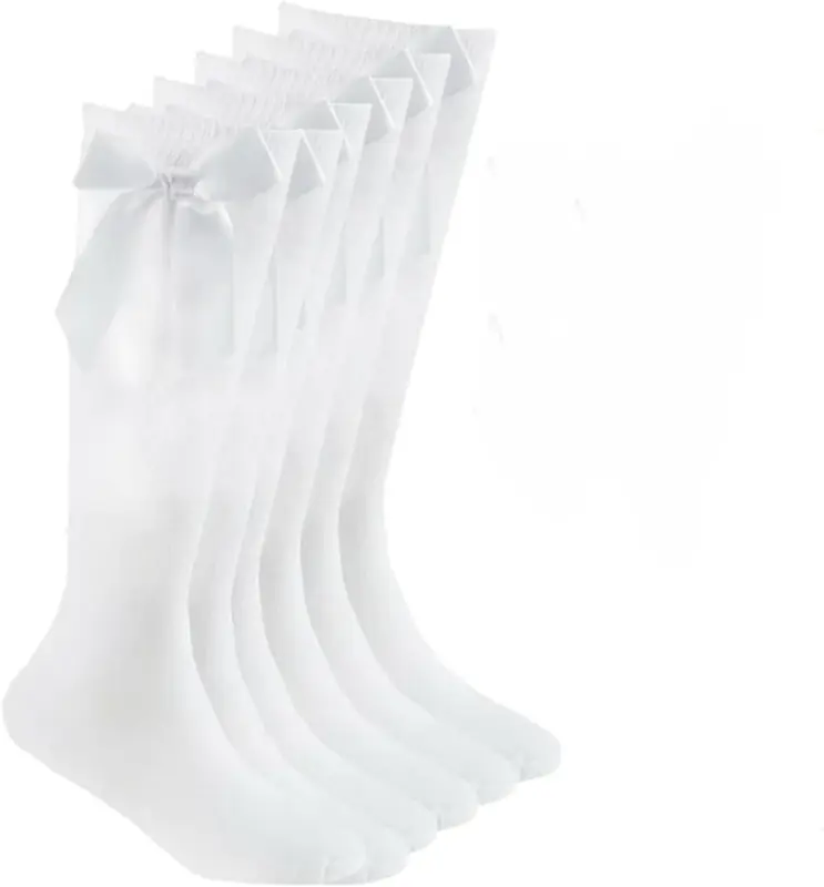 3 Pairs Girls Knee High School Socks Cotton Socks with Fluffy Ribbons Bow, Back to School Socks Uniform Party Wear Long Socks Girls Bow Knee High School Socks 3