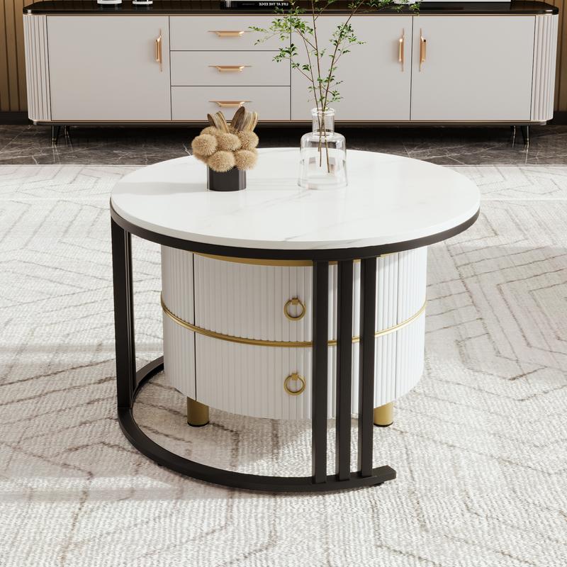 2024 High Quanlity 2-in-1 round MDF coffee table with 1 high-gloss table top and 1 side table with brown tempered glass tabletop, living room coffee table set with 2 drawers, 70*70*45 + 50*50*40 cm Modern Furniture Coffee Table for Living Room 6