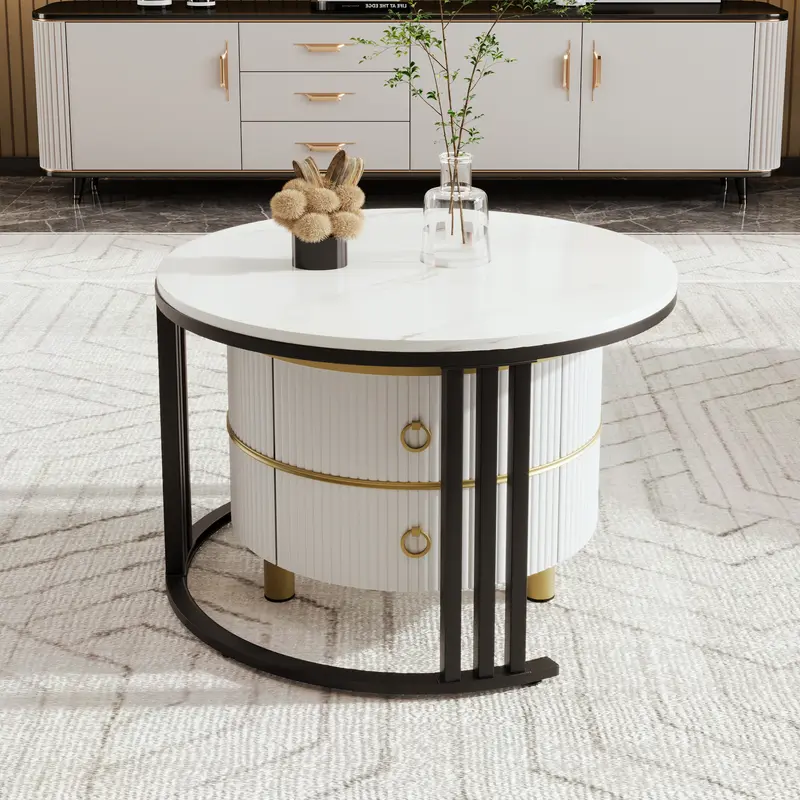 2024 High Quanlity 2-in-1 round MDF coffee table with 1 high-gloss table top and 1 side table with brown tempered glass tabletop, living room coffee table set with 2 drawers, 70*70*45 + 50*50*40 cm Modern Furniture Coffee Table for Living Room 6