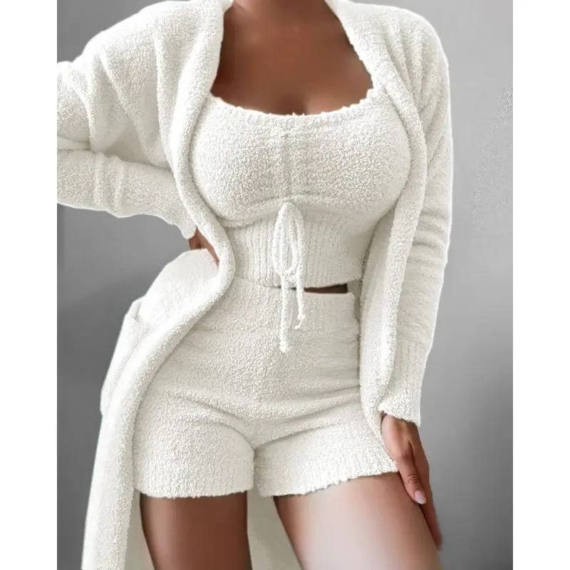 2025 New Women's Clothing stuffed Three-piece Tie Pajamas Set plaid Casual Suit Home Service 5