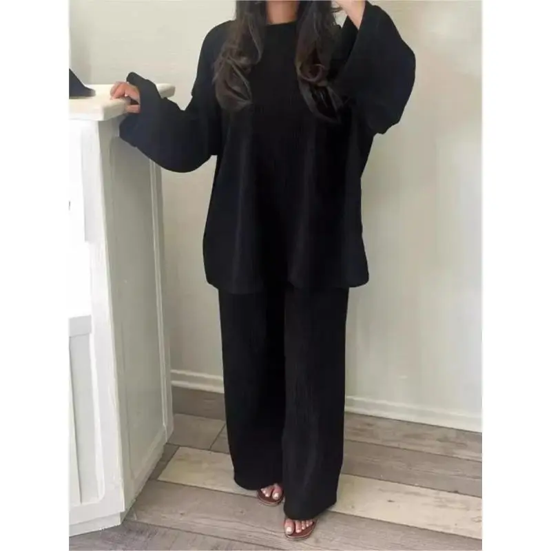 Autumn Winter Solid Color Corduroy Pants Sets Women Loose Long Sleeve Wide Legs Trousers Two Piece Set Female Commuting Clothing Womenswear Overalls Suits Underwear Gamis Comfort 2