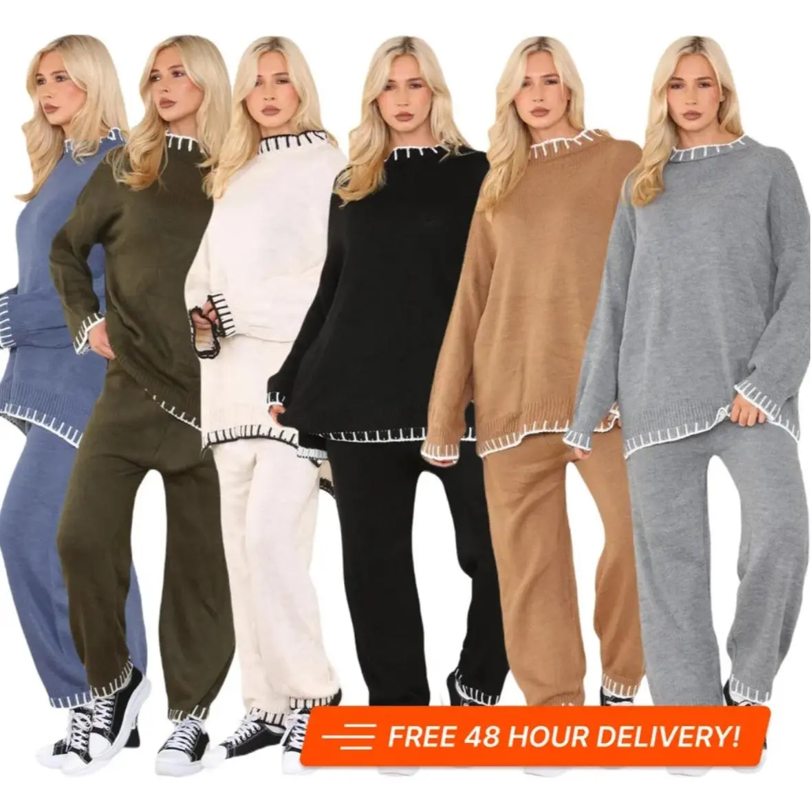 Ladies Knitted Stitched Wide Leg2 PCS Co-ord Split Suit Sweater Loungewear Set Comfort Fit Womenswear Elegance Long Sleeves
