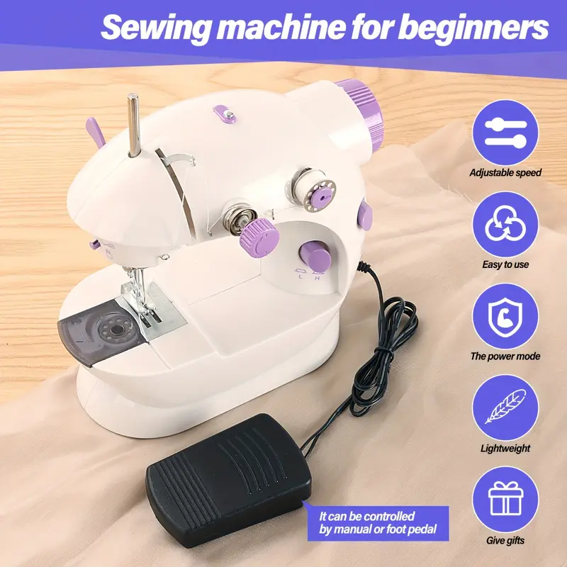 1/2pcs Portable Multifunctional Sewing Machine, Household Mini Electric Sewing Machine, Dual Line 2-speed Desktop Sewing Machine with Pedal Night Light, Suitable for Beginners, Household, Christmas Gifts, Holiday Gifts, Birthday Gifts, Violet 1