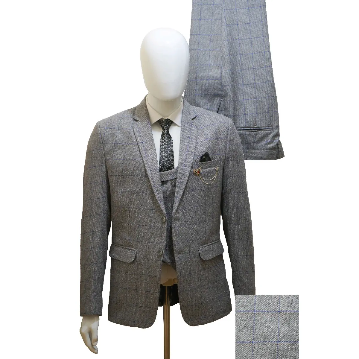 Men's Tweed Grey Check 3 Piece Suit - Wool Jacket, Waistcoat, Trousers & Tie