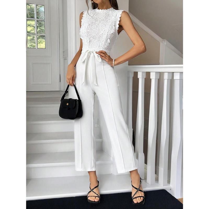 Firerie Women's Elegant Commuter White Lace Splicing Sleeveless High Waist Long Jumpsuit,White Long Jumpsuit,Women Rompers,Sleeveless Jumpsuit,Slim Fit Long Jumpsuit,Teacher Clothes,Teacher's Jumpsuit,Suitable For Daily, Party, Homeco Fabric Polyester 6