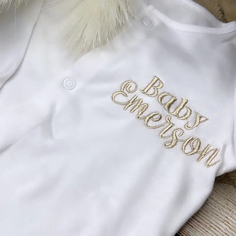 Personalised baby beige babygrow sleepsuit newborn baby embroidery 1