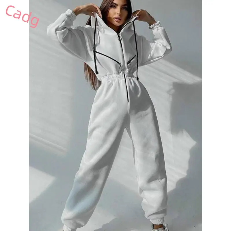 Women's Solid Drop Shoulder Drawstring Hooded Jumpsuit, Casual Long Sleeve Zipper Jumpsuit for Fall & Winter, Women's Clothes for Daily Wear 3