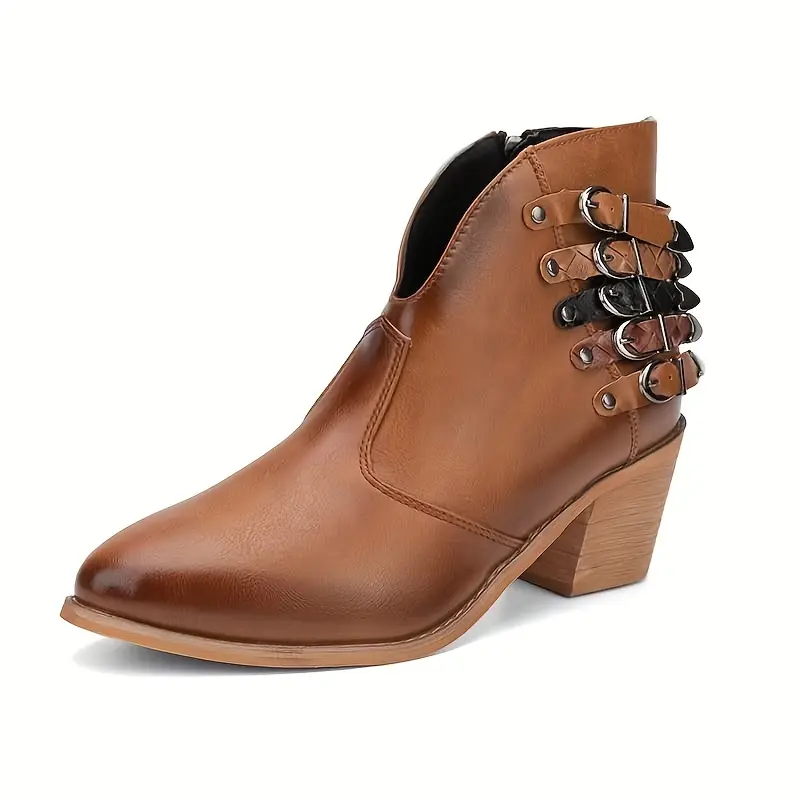 Women's PU Ankle Boots - 5 Buckle Straps, Round Toe, Block Heel, Soft Flannel Lining, Rubber Sole, Zipper Closure 3