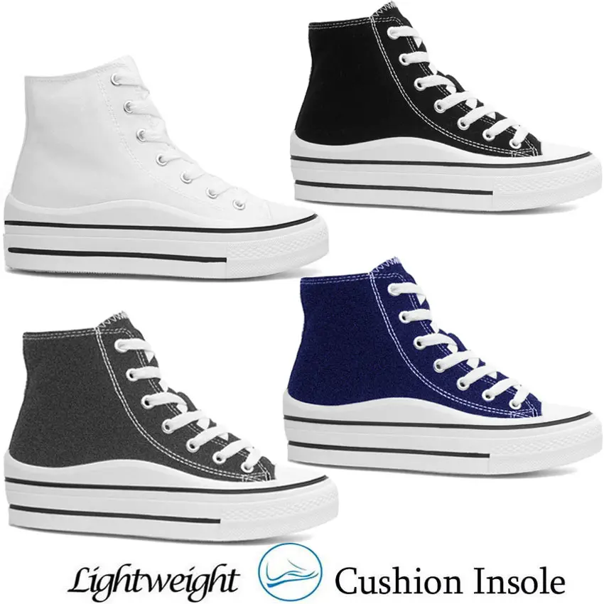 Ladies Hi Top Canvas Shoes Womens Wavey Sole Platform Plimsolls Trainers Casual Lace Up Pumps Sneakers Walking Boots