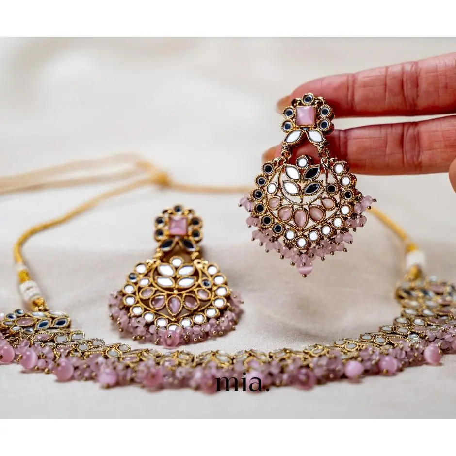 Antique Mirror Indian Wedding Jewellery set | Necklace Earrings Tikka