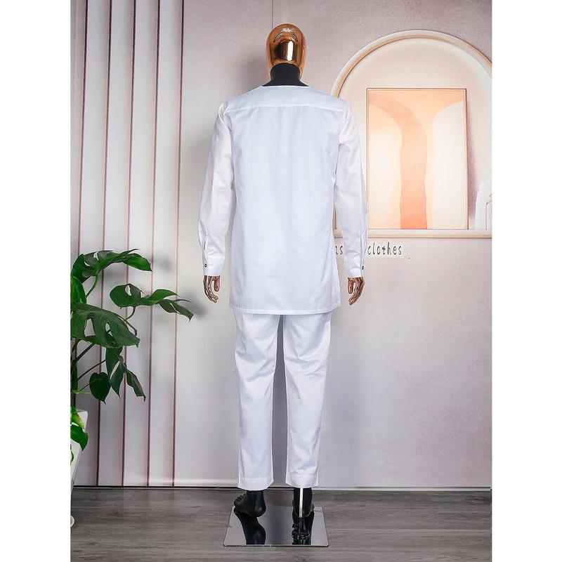 African Agbada (White & Grey) - nigerian traditional outfits Clothing Cotton - Mens Kaftan - African Menswear - African Garment - Long Sleeve Suit 4