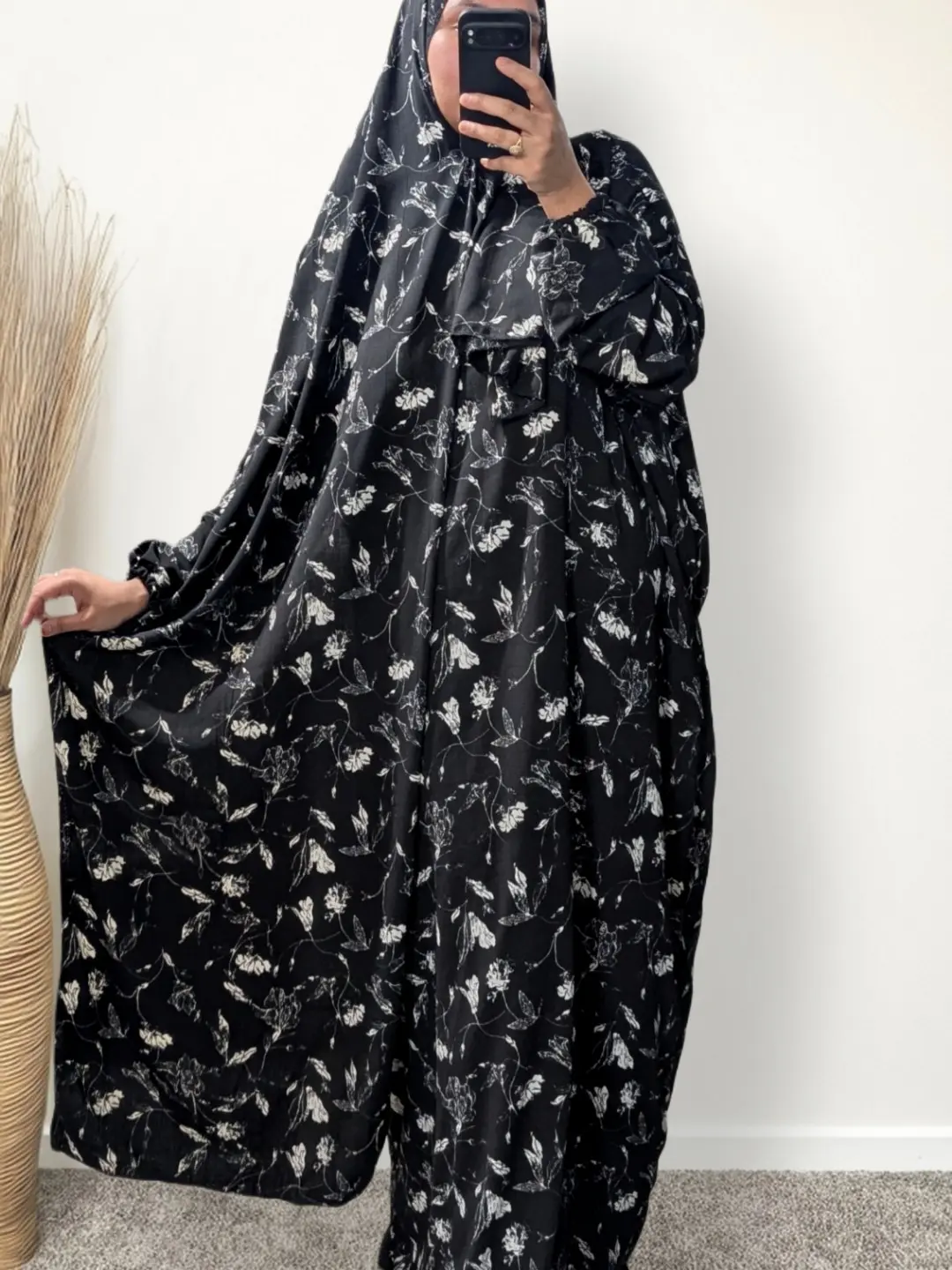 Black Floral Prayer Abaya with Pockets, Custom Attached Scarf & Tailored Length Option - Ookti Handmade Modest Muslim Women Clothing