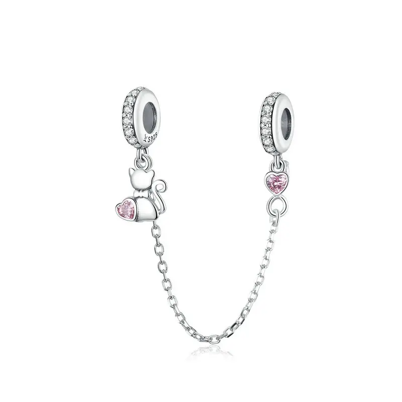 Genuine 925 Sterling Silver I Love My Cat Safety Chain Charm Bead With Cubic Zirconia Compatible With Pandora Bracelets