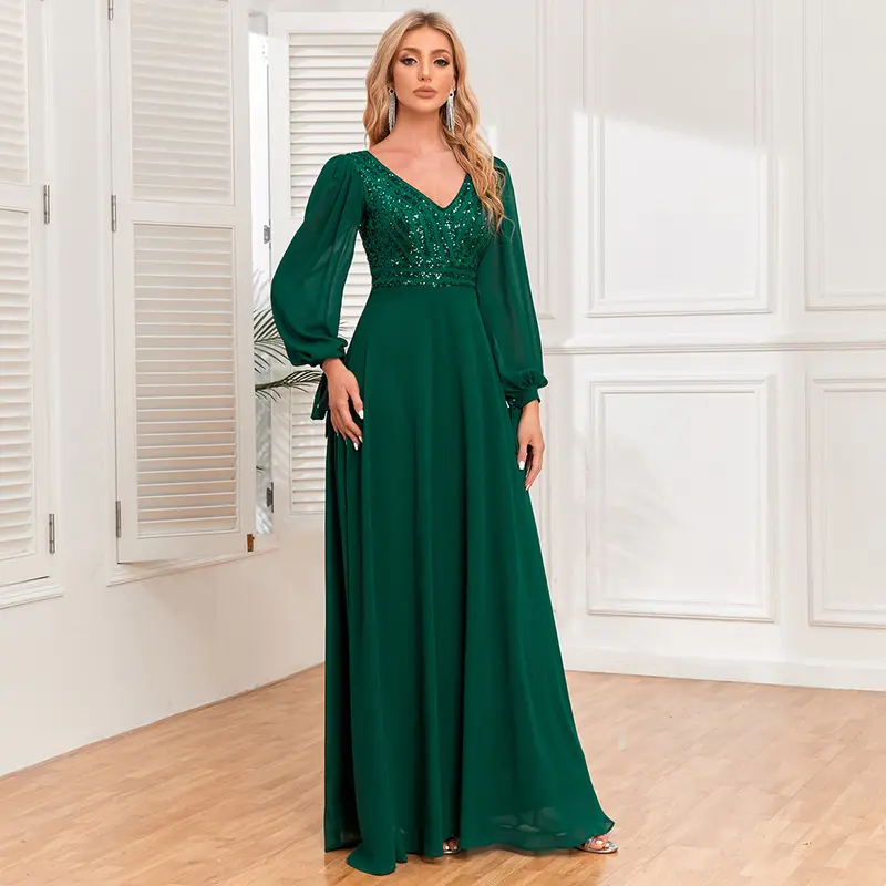 New long-sleeved lace-up high-quality double V-neck bead splicing chiffon A-shaped large pendulum fully lined party evening dress 4