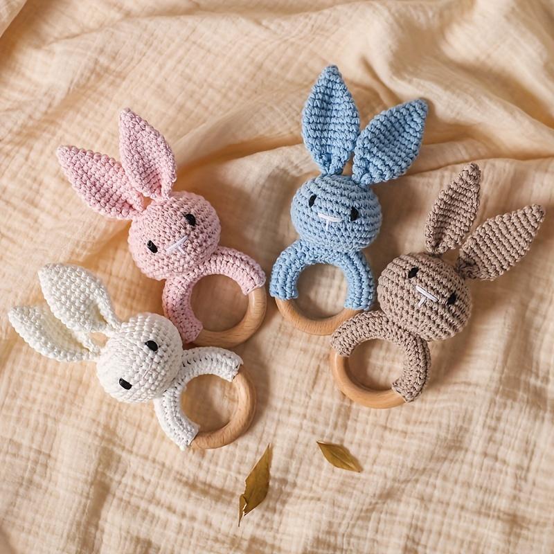 Crochet Rabbit Baby Rattle, Cute Rabbit Grasping Toys, Baby Gnawable Wooden Hand Rattle, Hand Rattle Toy Gift Box, White Pink Blue Brown, with Christmas & Easter Gift 1