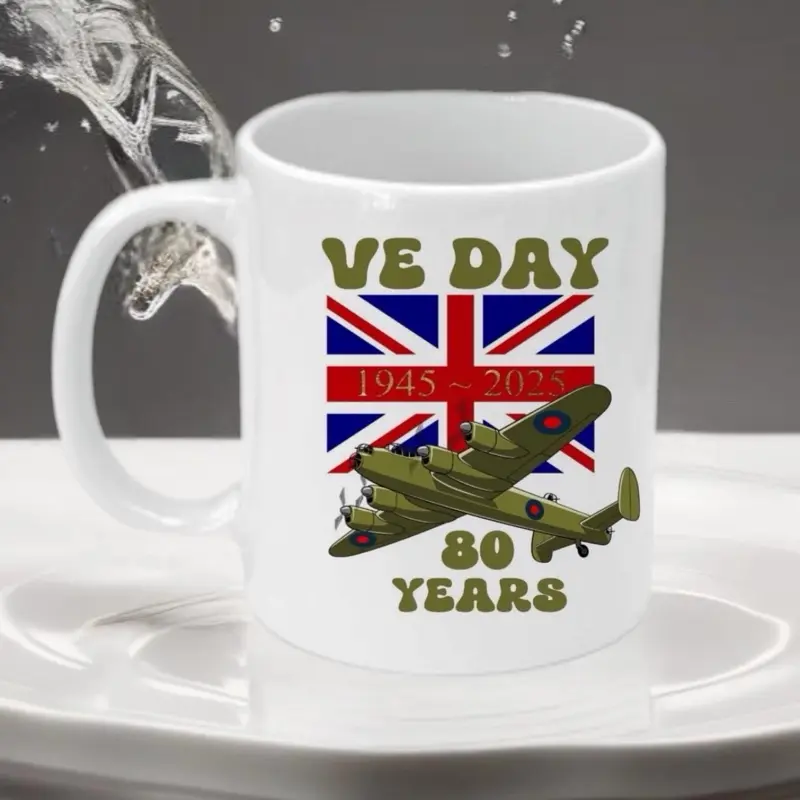 Premium  Grade Orca Coated Mugs  VE Day 80 Years .  Printed Handmade  Ceramic Washable Drinkware Reuse Coffee Reusable