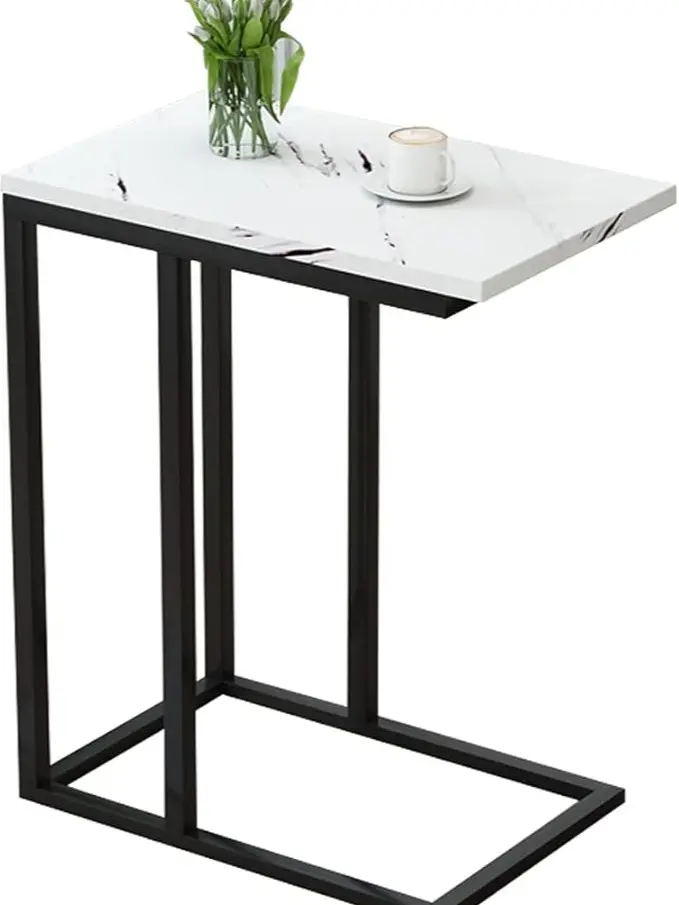 Sofa Side End Table, C Shaped Small Table, Couch Snack Coffee Table for Small Space, Living Room, Bedroom, Metal Frame Nightstand (White)