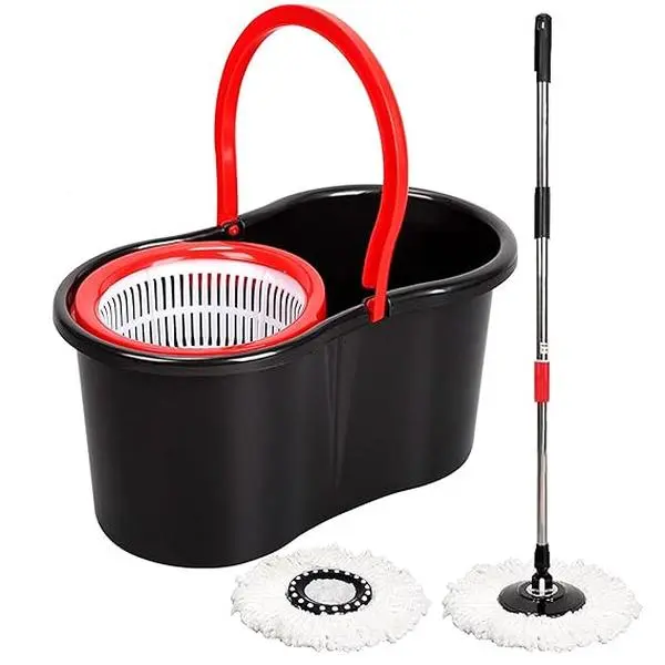 Black Colour Magic Spin Mop Bucket Cleaning System 360° Rotation, 2 Microfiber Mops Heads, Spin Mop Bucket System With Wringer Set, Mops For All Floor Cleaning Mop Replacement Head Refills  61" Extended Handle Wet And Dry Use Floor 360 Rotation