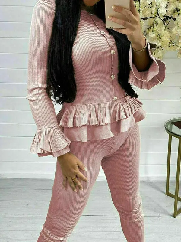 Ladies Fine Ribbed Frill Peplum Gold Button Loungewear Suit Women Tracksuit Set Fashion Womenswear Polyester Top Bottom Fabric High Waist 1