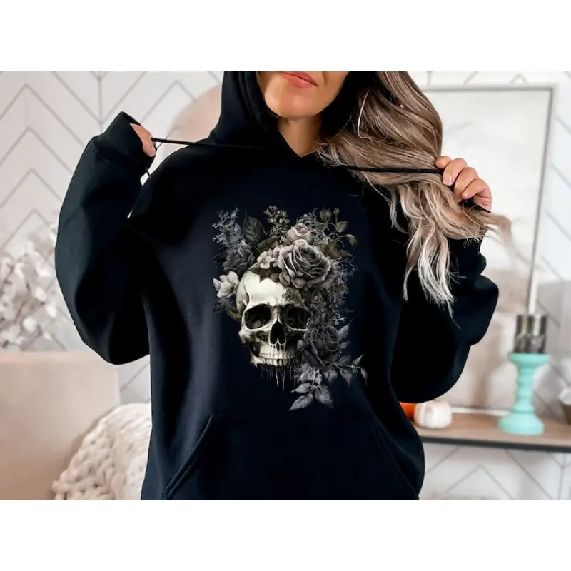 Floral Skull Hoodie, Bloom Skull Hoody, Whimsigoth Skull Hoodie, Goblincore Shirt, Dark Cottagecore Sweatshirt, Gothic Clothing