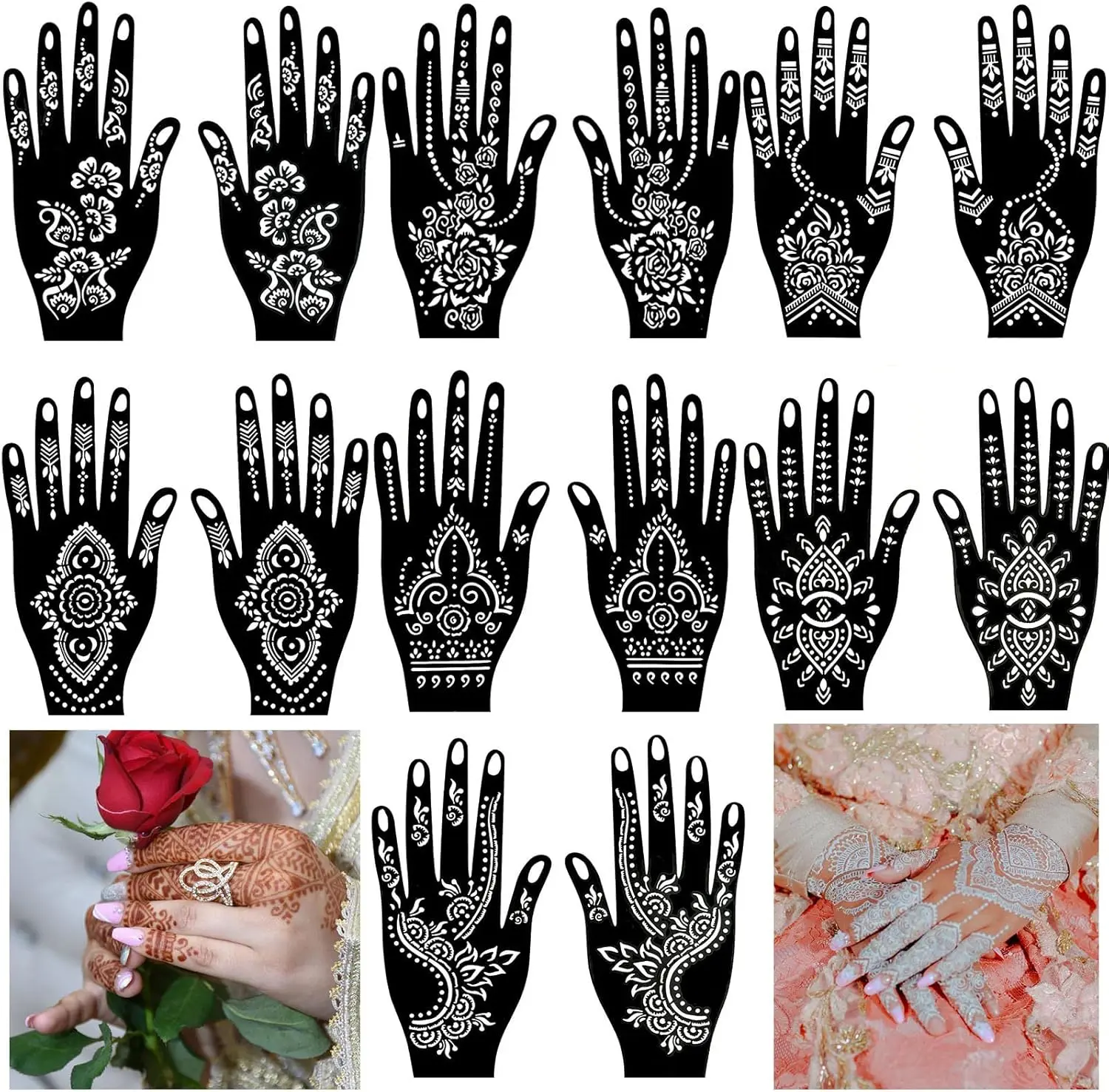 14 Pieces Hand Shape Temporary Tattoo Stencil kit, Indian Arabian Self Adhesive Reusable Glitter Tattoo Sticker Templates for Women Girls