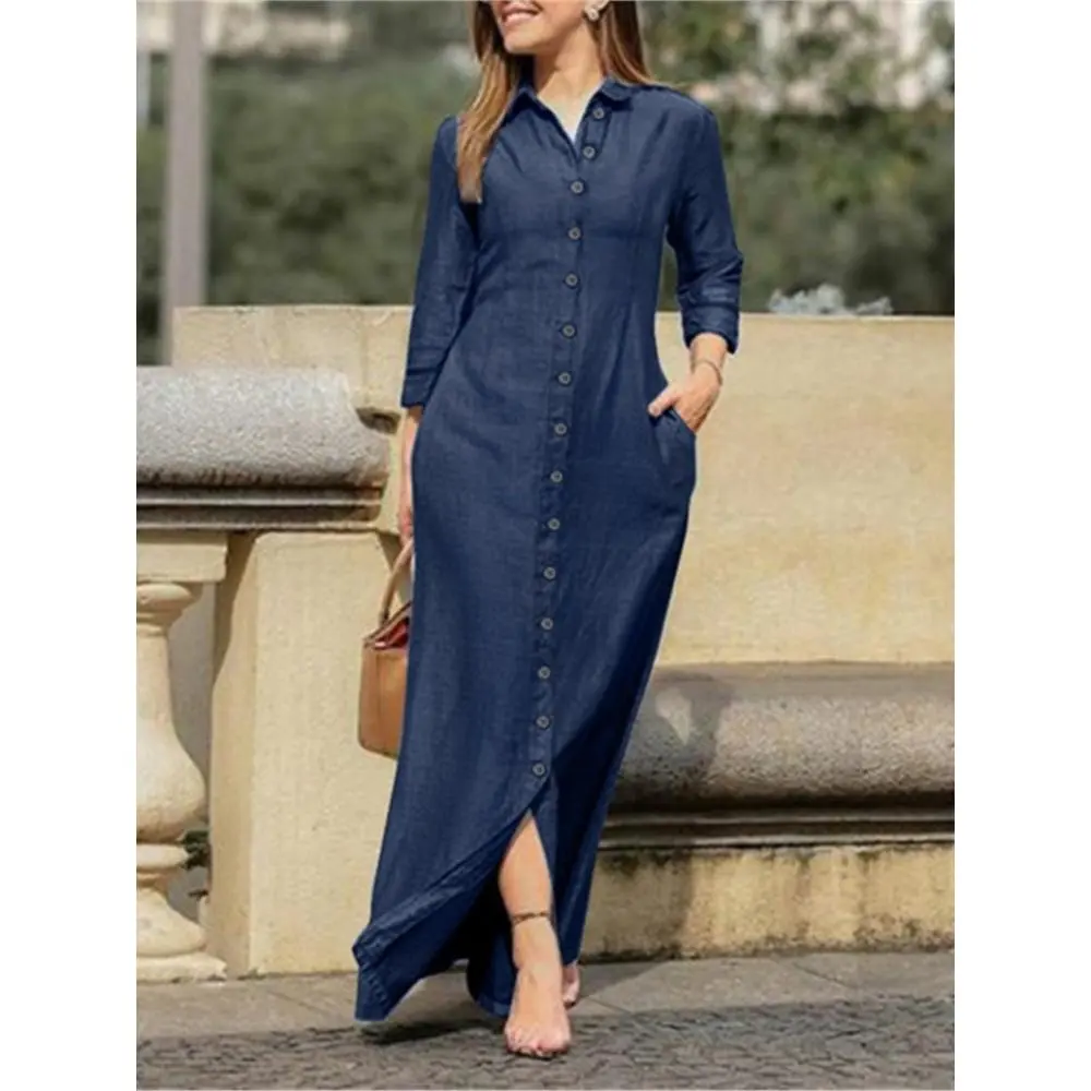 Women's Autumn New Denim Dress Shirt Collar Denim Single Row Button Casual Comfortable Long Sleeved Flip Tie Pocket Long Skirt