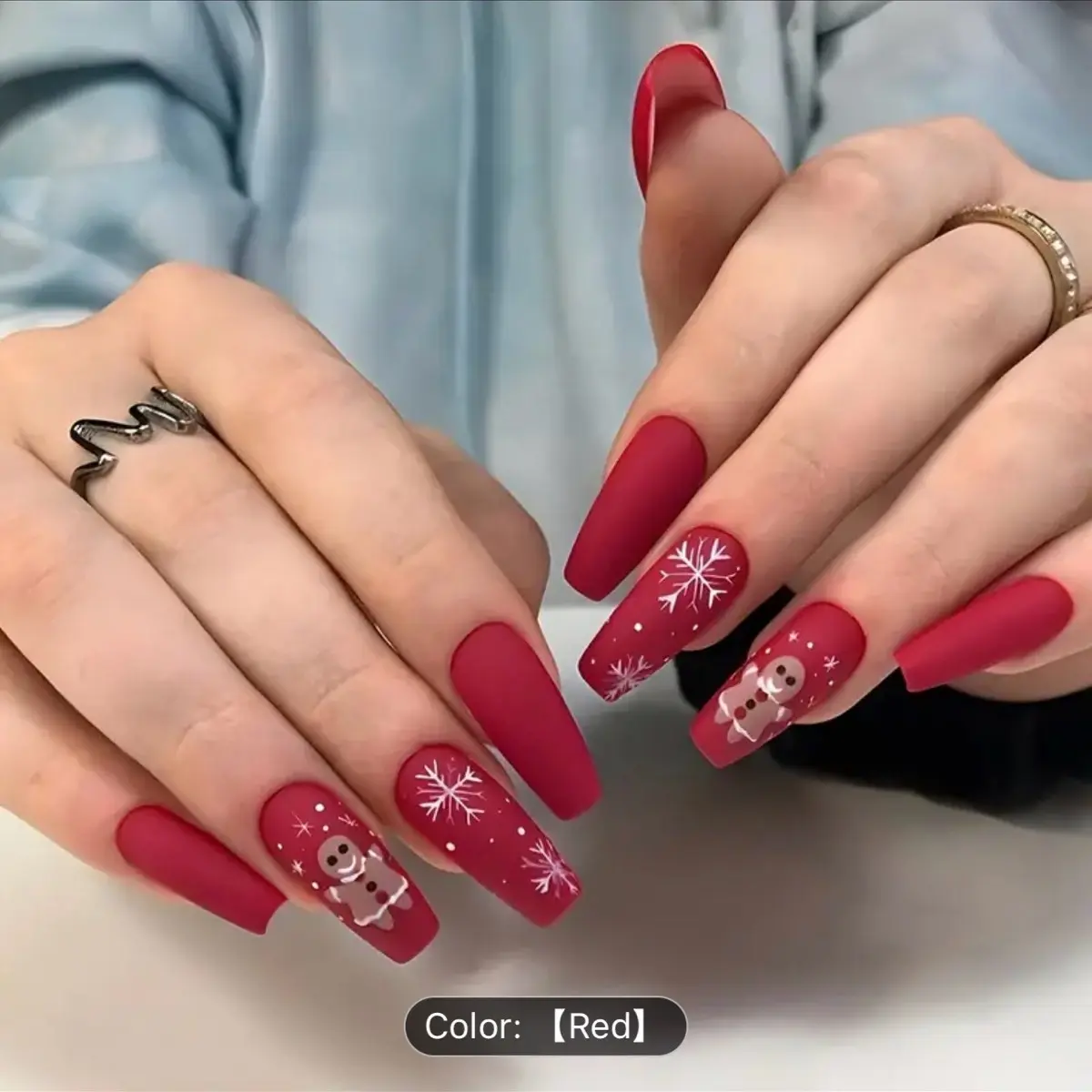 24-Piece Ballet Nail Shape Long Press-On Nails Set Festive Red Tone with Snowflake & Christmas Character Designs - Nail Art, Nail Care gingerbread bails
