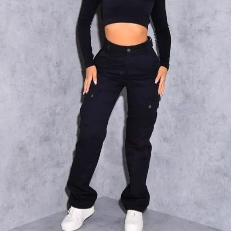 2024 New High Elasticity Solid Color Casual Multi Pocket Workwear Fashion Trend Versatile Lifting Hip Long Jeans for Women