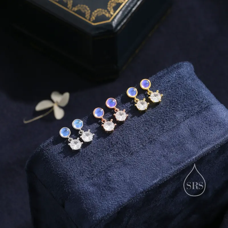 Moonstone and CZ Dangle Stud Earrings in Sterling Silver, Round Moonstone and CZ, Silver or Gold, Two CZ Prong Set Earrings 3