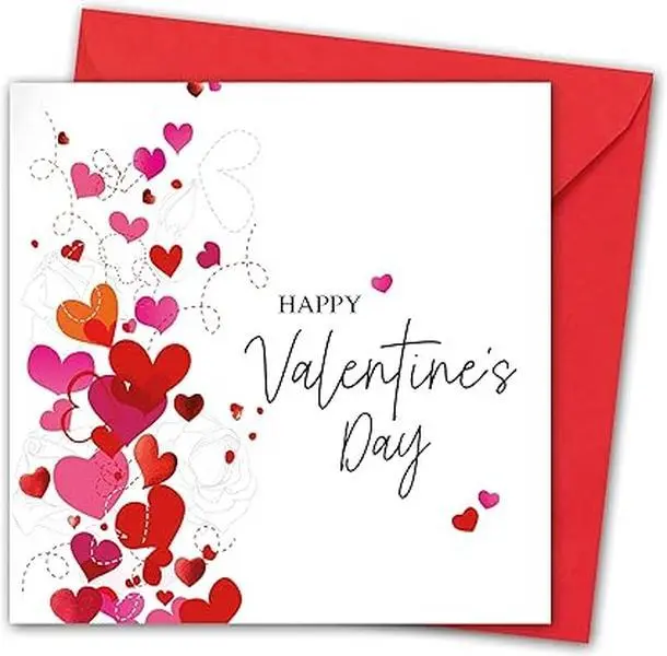 Valentines Card. Hearts & Roses Design. Eco-friendly. 4pp 150x150mm size. Valentine's Card with Red Envelope. Verse inside. Printed and Packed in UK.