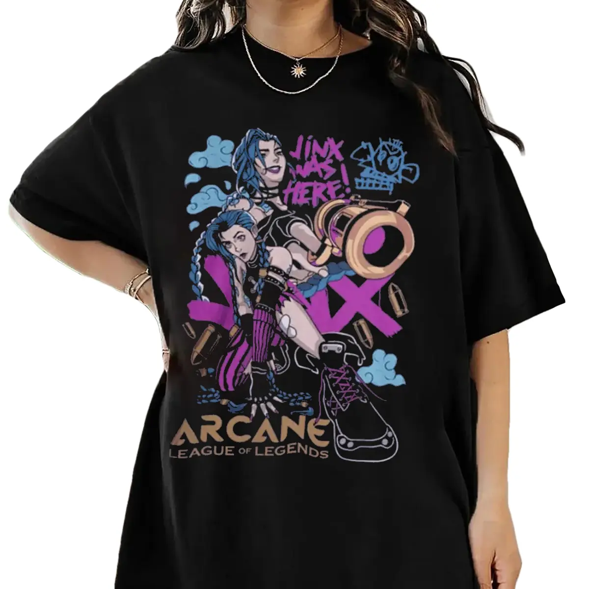 Jinx Arcane Game Movie Promo Graphic Print Cotton T-Shirt For Fans Comfort Top