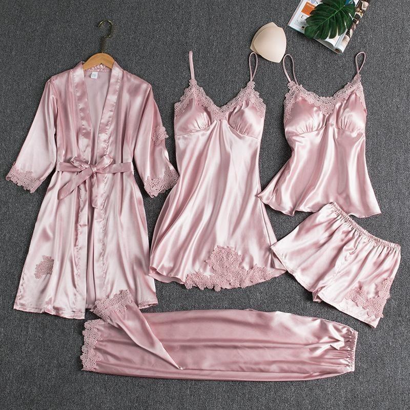 Product Introduction of 5PC Silk Robe Sleep Suit Womens Lace Satin Pajamas Gown Set V-Neck Cami Nighties Wear Pijama Home Nightwear Spring Nightdress 4