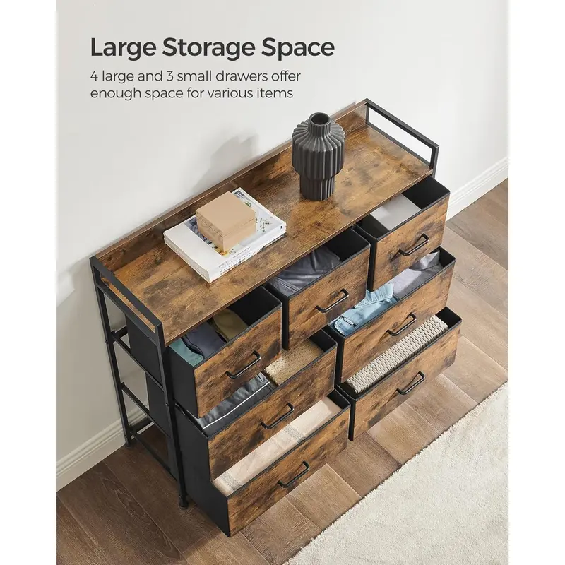 SONGMICS Chest of Drawers, Bedroom Cabinet, 7 Fabric Drawers with Handles, Metal Frame, Rustic Brown and Ink Black LTS137B01 3
