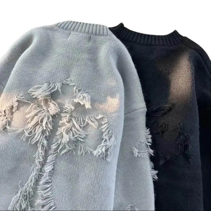 2025 Autumn and Winter Sweater Men's New Retro Ripped Tassel Loose All-match Knitted Sweater Pullover Long Sleeve Pullover Knitwear Menswear Tops Longsleeves Crewneck Round Neck Lawn Beige Casual Plain 1