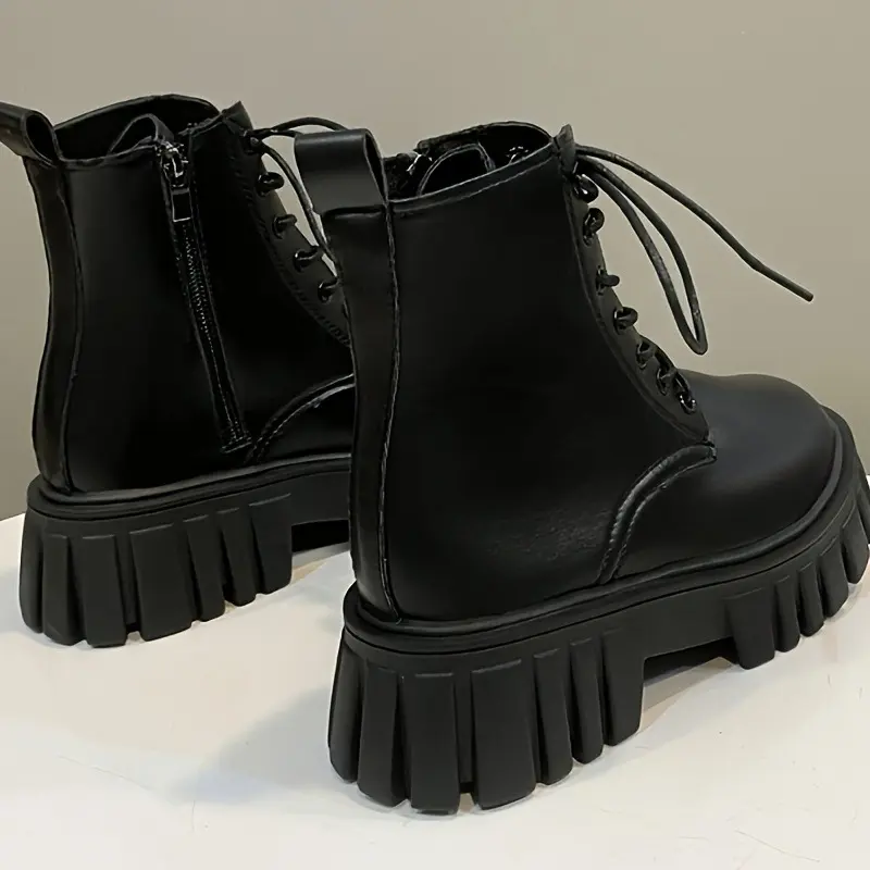 Women's Platform Combat Boots, All-Match Round Toe Lace Up Short Boots, Anti-Slip Side Zipper Boots